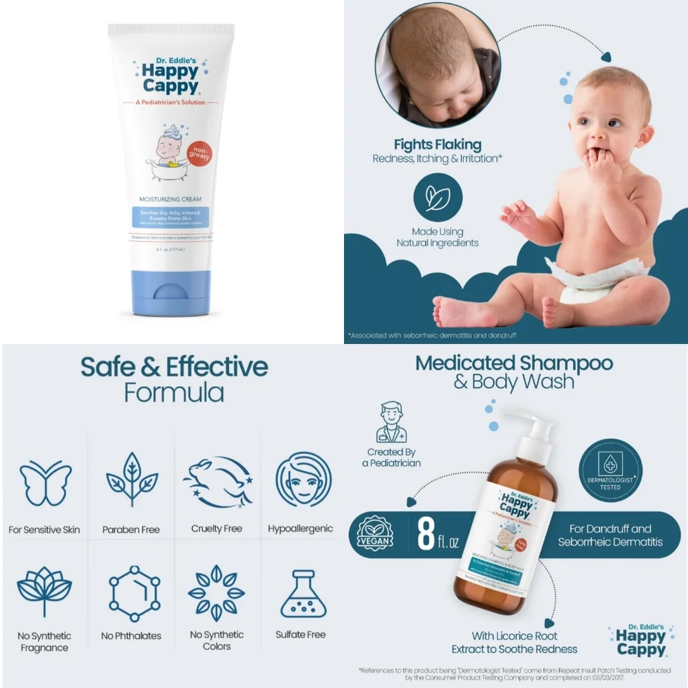 Happy Cappy Baby Skin & Hair Eczema Shampoo Body Wash Soap Cream Lotion Gift Set